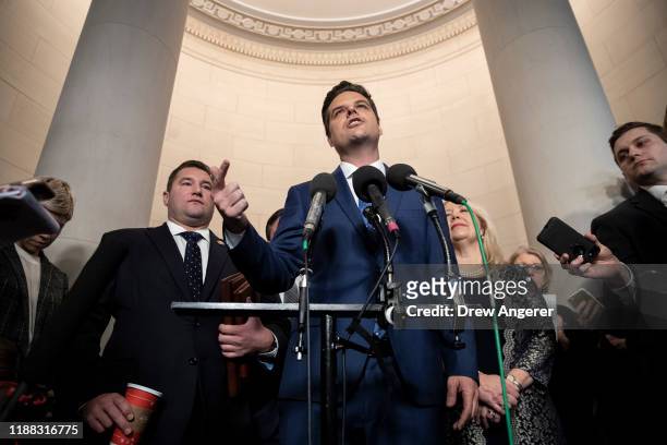 Rep. Matt Gaetz speaks to the press after the House Judiciary Committee approved two articles of impeachment against U.S. President Donald Trump in a...