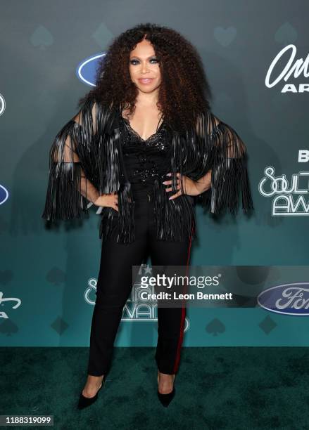 Tisha Campbell poses backstage at the 2019 Soul Train Awards presented by BET at the Orleans Arena on November 17, 2019 in Las Vegas, Nevada.