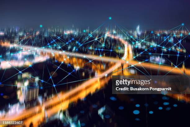 technology smart city with network communication internet of thing. internet concept of global business - city sensors stock pictures, royalty-free photos & images