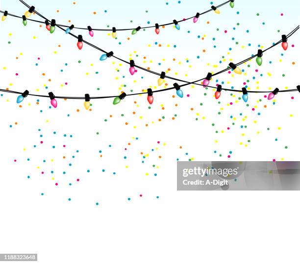 christmas lights and confetti background - christmas lights string white background stock illustrations