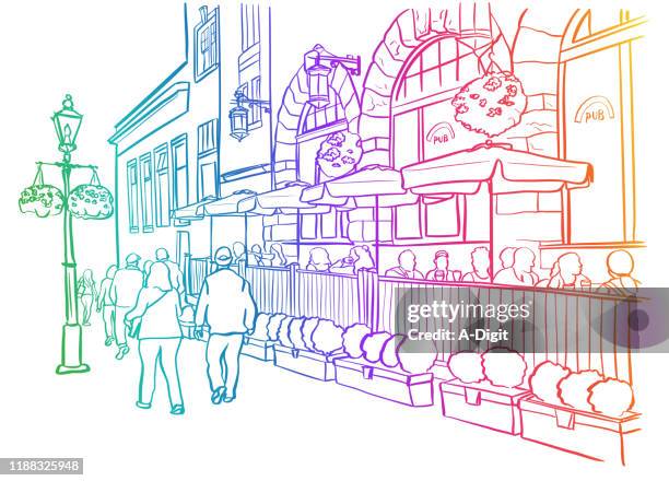 pub terrace scenery rainbow - hanging basket stock illustrations
