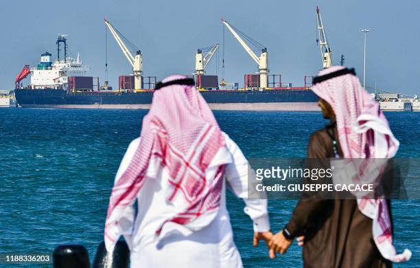 This picture taken on December 11 shows an oil tanker at the port of Ras al-Khair, about 185 kilometres north of Dammam in Saudi Arabia's eastern...