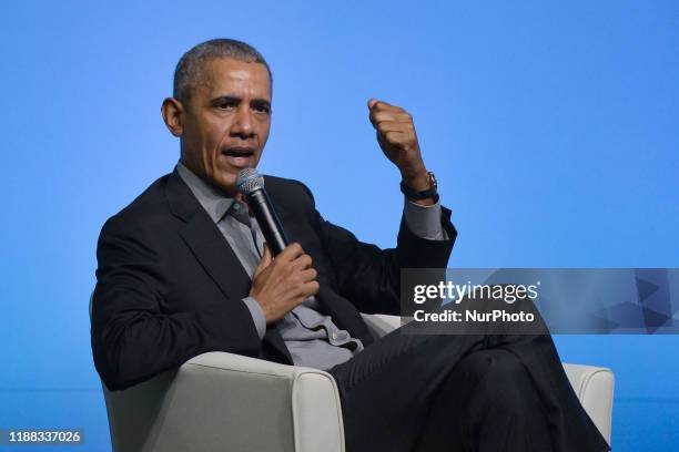 Former U.S. President Barack Obama speaks on the stage as he attends an Obama Foundation event in Kuala Lumpur, Malaysia, 13 December 2019. Obama and...