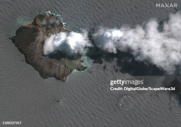 Maxar "after eruption" satellite imagery of the White Island Volcano. Please use: Satellite image 2019 Maxar Technologies.