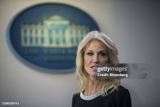 Kellyanne Conway, senior advisor to U.S. President Donald Trump, speaks during a news conference in the briefing room of the White House in...