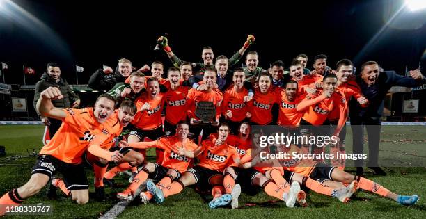 Players of FC Volendam celebrates the 2nd period title with the trophy during the Dutch Keuken Kampioen Divisie match between FC Volendam v MVV...