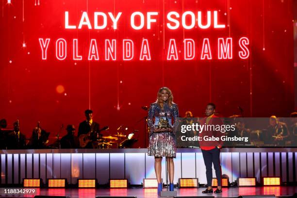 Yolanda Adams accepts the "Lady of Soul" award from Kirk Franklin during the 2019 Soul Train Awards at the Orleans Arena on November 17, 2019 in Las...