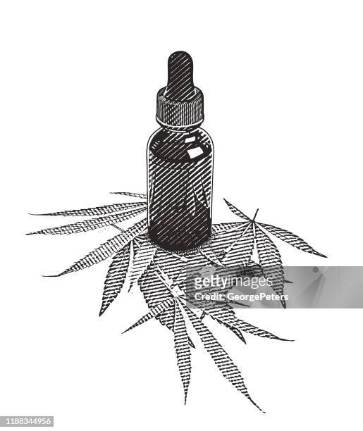 bottle of cbd oil with hemp leaves - marijuana herbal cannabis stock illustrations