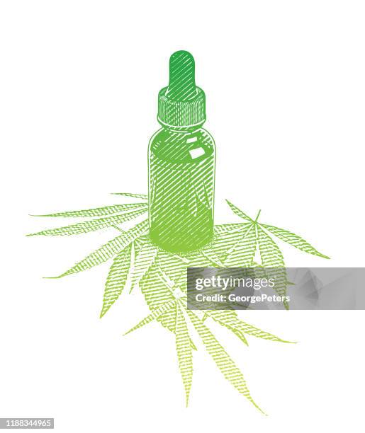 flasche cbd-öl mit hanfblättern - hemp stock-grafiken, -clipart, -cartoons und -symbole