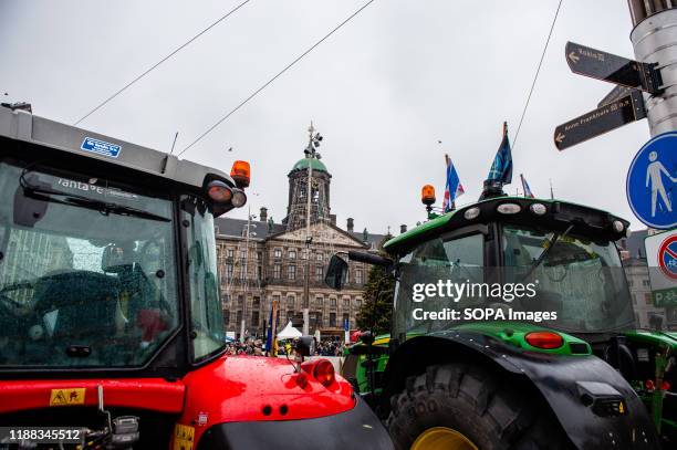 View of the tractors parked during the demonstration at Dam Square. For the first time and after several protests in other cities, farmers decided to...