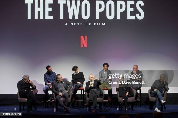 Kevin Maher, Fernando Stutz, Fernando Meirelles, Nina Gold, Jonathan Pryce, Dan Lin, Tracey Seaward, Mark Tildesley and Anthony McCarten attend a...