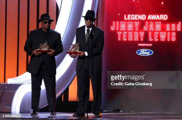 Terry Lewis and Jimmy Jam accept the Legend Award during the 2019 Soul Train Awards at the Orleans Arena on November 17, 2019 in Las Vegas, Nevada.
