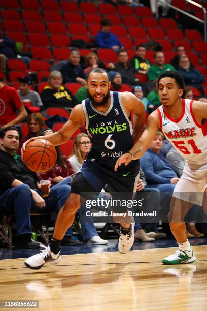 Jordan McLaughlin of the Iowa Wolves handles the ball against Tremont Waters of the Maine Red Claws in an NBA G-League game on December 13, 2019 at...