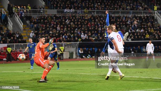 Harry Kane of England score to make it 1-0 during the UEFA Euro 2020 Qualifier between Kosovo and England on November 17, 2019 in Pristina, Kosovo.