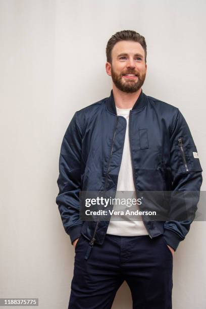 Chris Evans at the "Knives Out" Press Conference at the Four Seasons Hotel on November 15, 2019 in Beverly Hills, California.