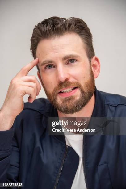 Chris Evans at the "Knives Out" Press Conference at the Four Seasons Hotel on November 15, 2019 in Beverly Hills, California.