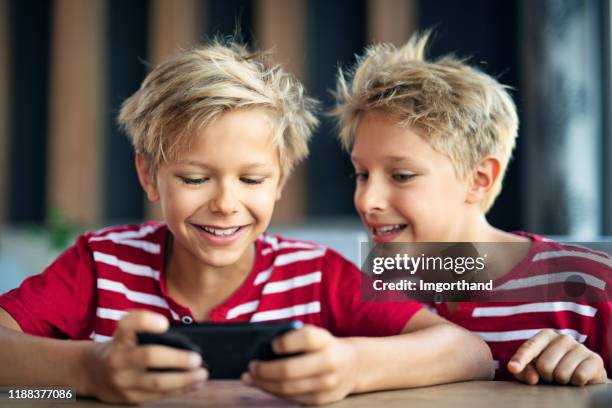 little boys using smartphone at home - twin males stock pictures, royalty-free photos & images