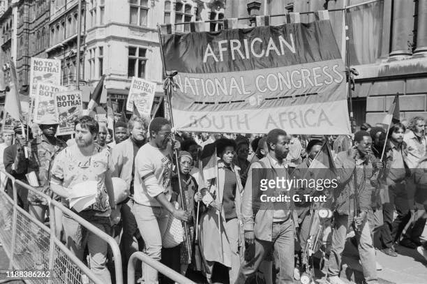 Anti-Apartheid Movement’s 'No to Botha' demonstration marching in London while British Prime Minister Margaret Thatcher was meeting South African...