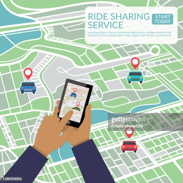 person using a ride sharing technology mobile application - uber map stock illustrations