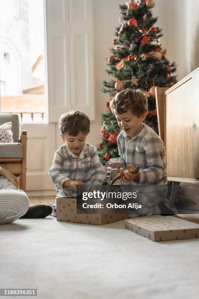 brothers opening christmas gifts - boy gift imagens e fotografias de stock