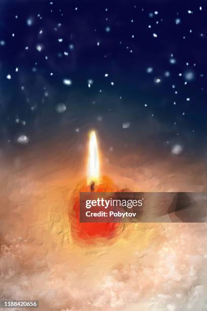 brennende kerze im schnee, weihnachten gemalt hintergrund - blue candle stock-grafiken, -clipart, -cartoons und -symbole