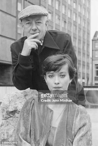 British actors Alec Guinness and Nicola Pagett, co-stars in 'Yahoo' at the Queen's Theatre, London, UK, 27th August 1976.