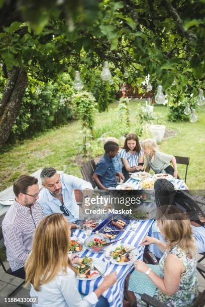 high angle view of friends and family enjoying at dining table in garden party - stockholm ストックフォトと画像