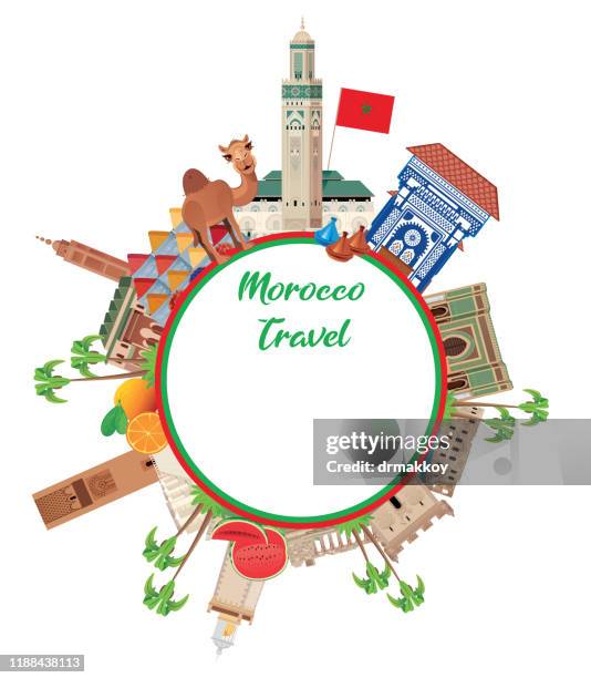 morocco travel, casablanca, rabat, fes, sale, marrakesh, agadir, tangier, meknes, oujda-angad, al hoceima, kenitra, tetouan, temara, safi, mohammedia, khouribga, hassan 2 mosque, mosque al fadila, tower hassan, rabat, volubilis, bab mansour gate, meknes - marrakesh stock illustrations