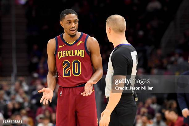 Brandon Knight of the Cleveland Cavaliers talks to referee Tyler Ford during the second half against the Cleveland Cavaliers at Rocket Mortgage...