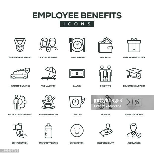 ilustraciones, imágenes clip art, dibujos animados e iconos de stock de conjunto de iconos de línea de beneficios para empleados - benefits