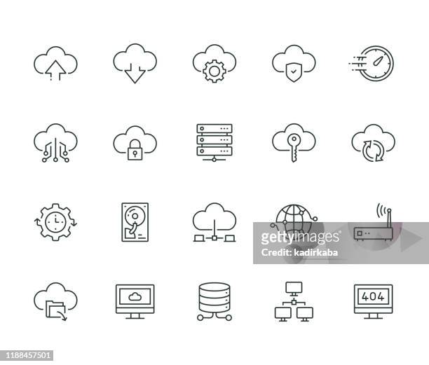 ilustraciones, imágenes clip art, dibujos animados e iconos de stock de cloud hosting thin line series - equipo informático