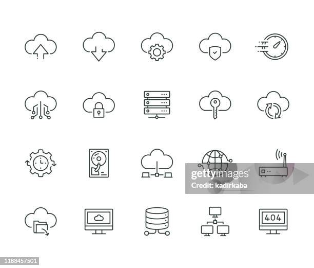 ilustrações, clipart, desenhos animados e ícones de série de linha fina de hospedagem em nuvem - computer equipment