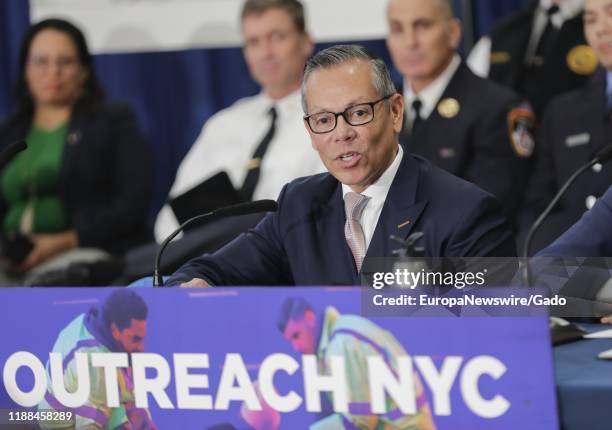 New York City Mayor Bill de Blasio announces the launch of Outreach NYC in New York City, New York, November 14, 2019.