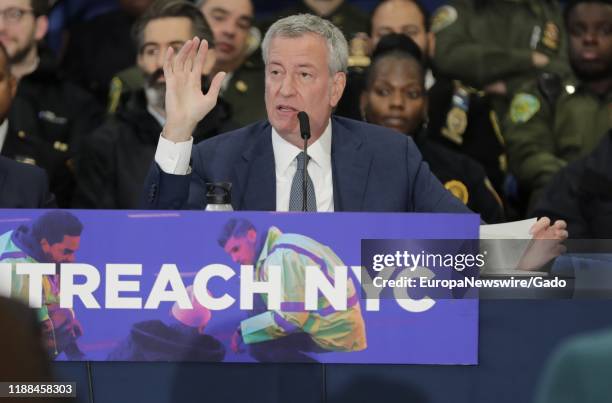 New York City Mayor Bill de Blasio announces the launch of Outreach NYC in New York City, New York, November 14, 2019.