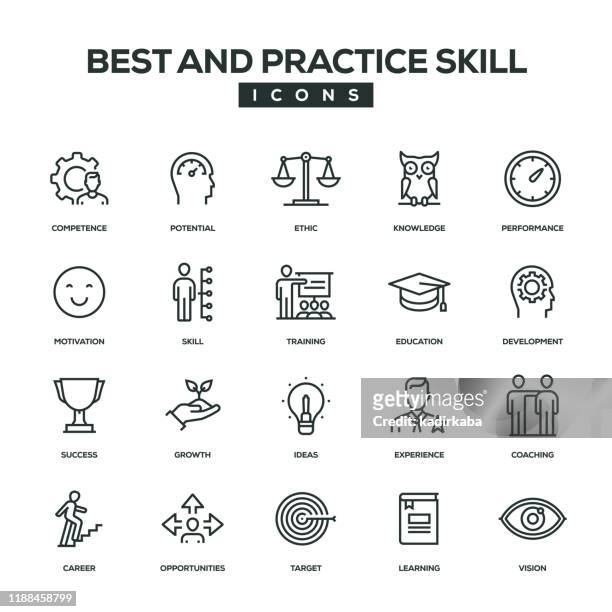 best and practice skill line icon set - learning objectives text stock illustrations