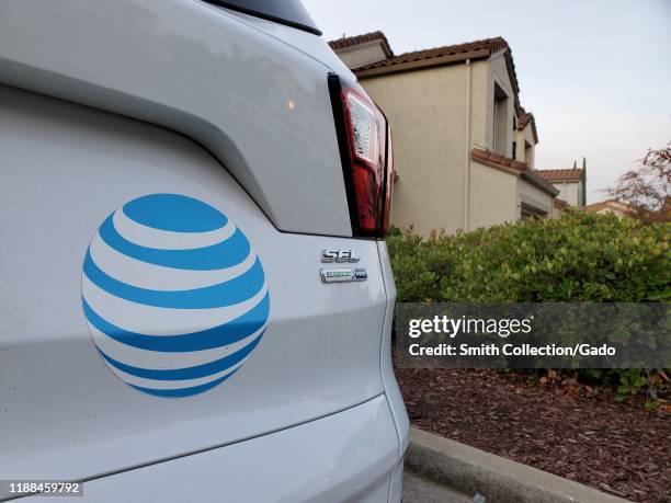Close-up of logo on vehicle from telecommunications company ATT in a suburban neighborhood, San Ramon, California, November 13, 2019.