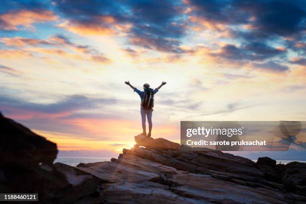 silhouette  women on top of mountain peak , success, winner, leader concept . - in cima foto e immagini stock