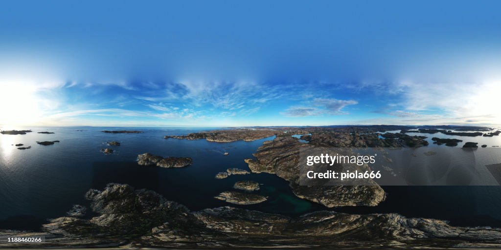 Aerial drone 360 photo: the sea and fjords of Norway