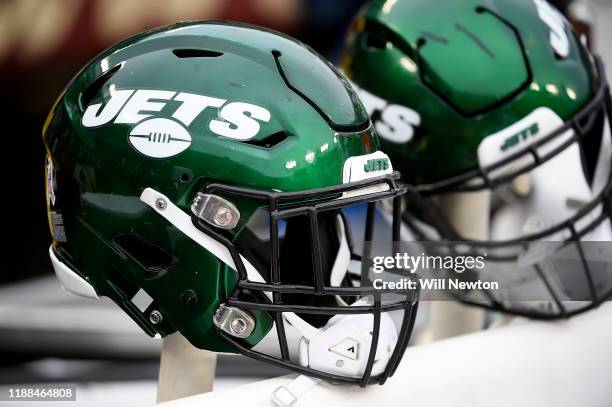 Detailed view of New York Jets football helmets during the second half against the Washington Redskins at FedExField on November 17, 2019 in...