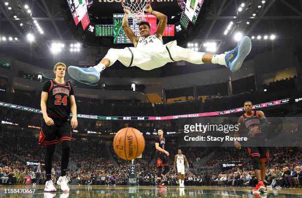 Giannis Antetokounmpo of the Milwaukee Bucks dunks against the Chicago Bulls during the second half at Fiserv Forum on November 14, 2019 in...