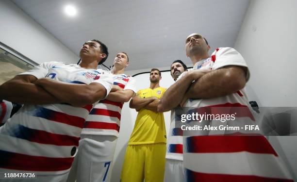 Nicolas Perera, Ryan Futagaki, Christopher Toth, Alessandro Canale and Jason Leopold pose during the USA team presentation prior to the FIFA Beach...