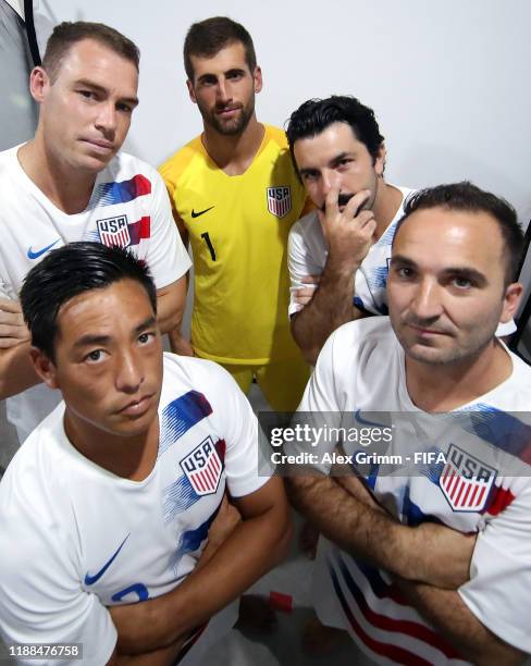 Nicolas Perera, Ryan Futagaki, Christopher Toth, Alessandro Canale and Jason Leopold pose during the USA team presentation prior to the FIFA Beach...