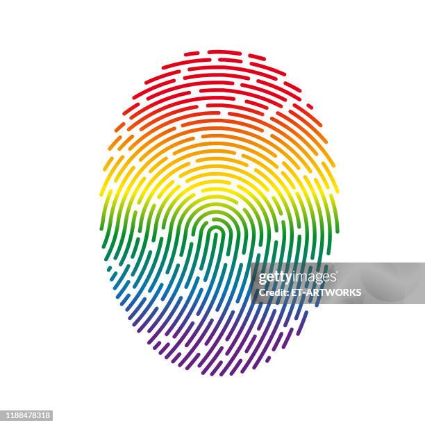 ilustraciones, imágenes clip art, dibujos animados e iconos de stock de vector rainbow fingerprint - fingerprint icon