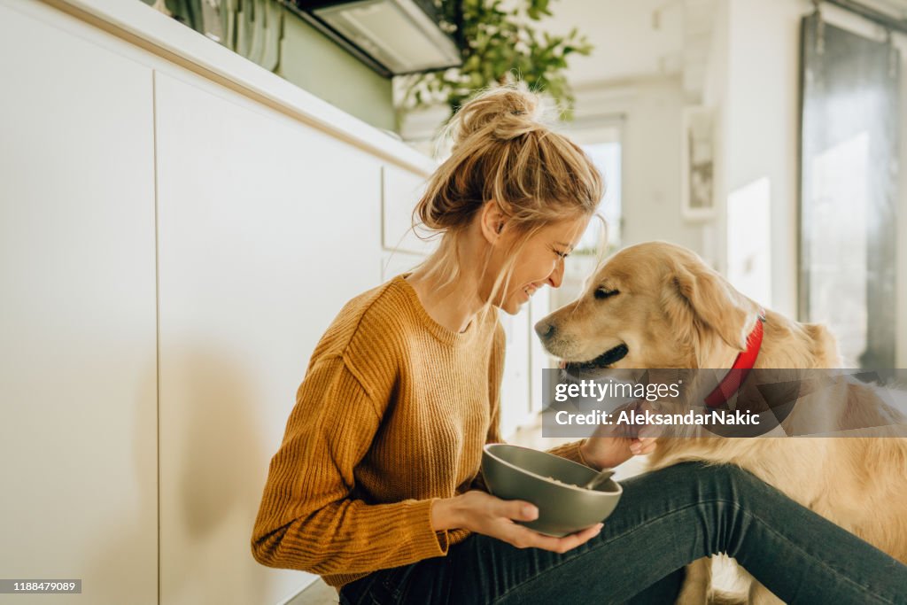 Morning with my dog in our kitchen
