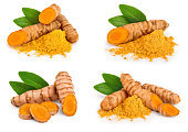 Set or collection turmeric powder and turmeric root isolated on white background with copy space for your text. Top view. Flat lay