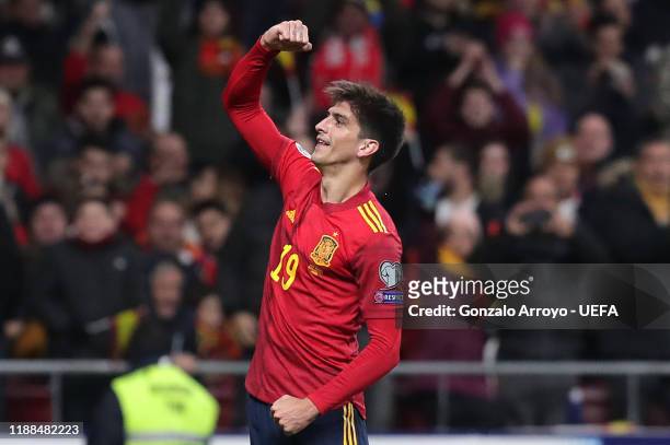 Gerard Moreno of Spain celebrates after scoring his team's second goal during the UEFA Euro 2020 Qualifier between Spain and Romania on November 18,...