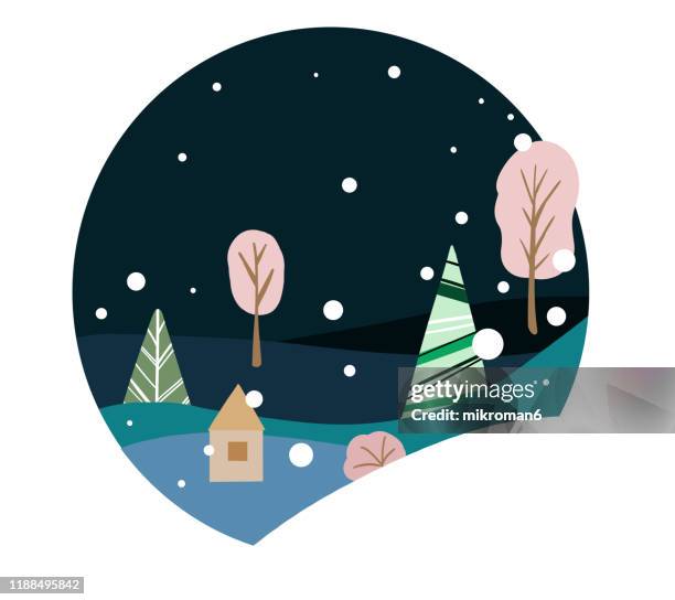 christmas illustration of winter scene - christmas card - christmas ivy stock pictures, royalty-free photos & images