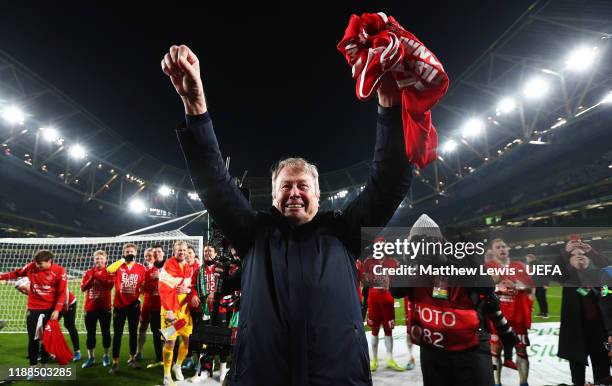 Åge Hareide, manager of Denmark celebrates his teams win during the UEFA Euro 2020 qualifier between Republic of Ireland and Denmark so at Dublin...