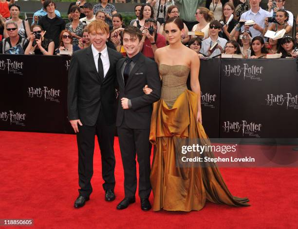 Rupert Grint, Daniel Radcliffe and Emma Watson attend the New York premiere of "Harry Potter And The Deathly Hallows: Part 2" at Avery Fisher Hall,...