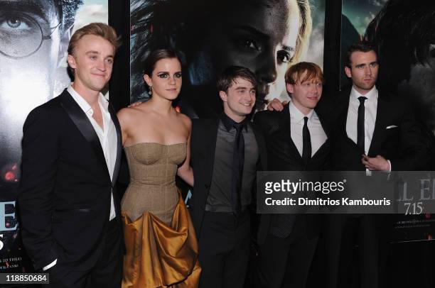 Tom Felton, Emma Watson, Daniel Radcliffe, Rupert Grint and Matthew Lewis attend the premiere of "Harry Potter and the Deathly Hallows: Part 2" at...